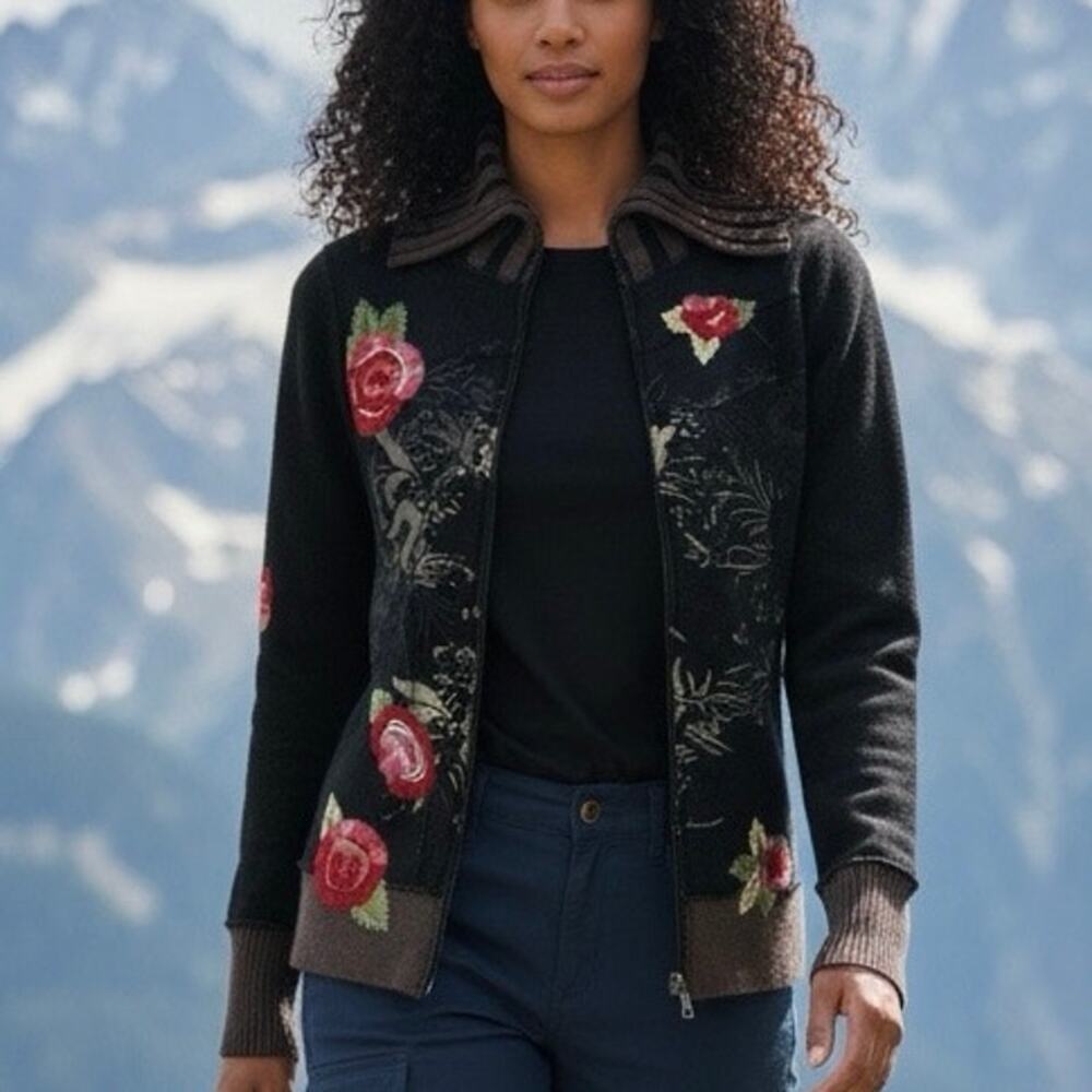 Y2K One Girl Who Sweater Zip Up Floral embroidery Roses size small